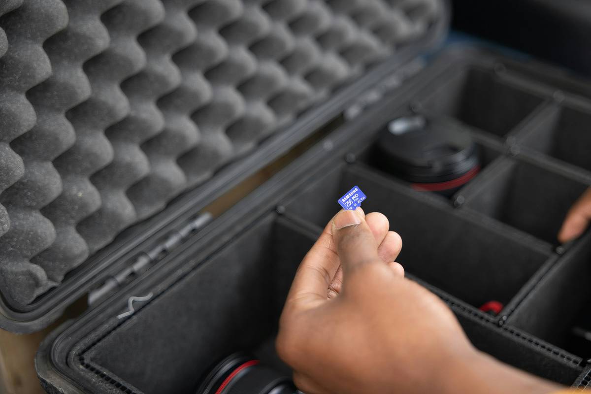 travel case for pocket cinema camera with custom foam insert holding camera, batteries, and SD cards securely